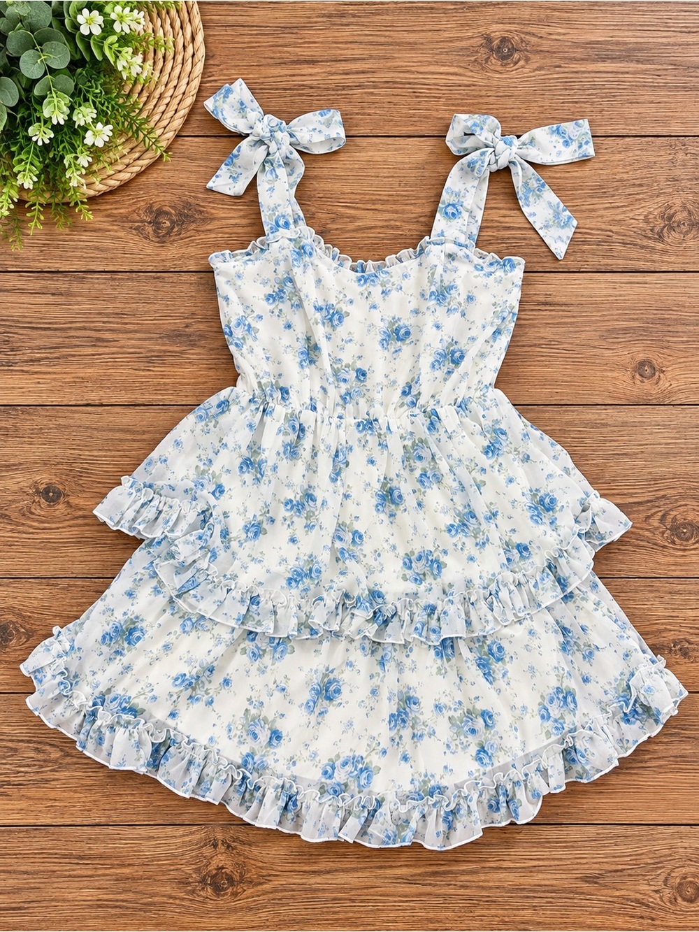 Altar'd State White and Blue Floral Ruffle Tie-Strap Dress